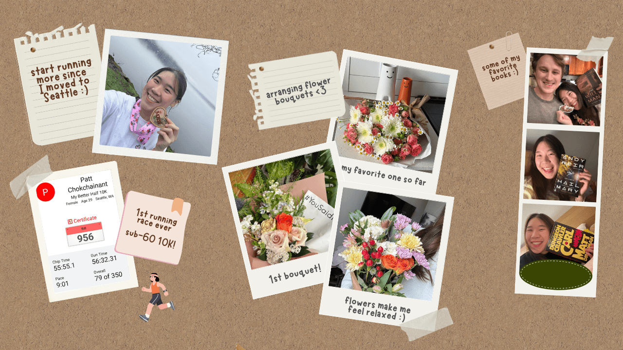 A corkboard collage of my hobbies — running, reading, and flower arrangement